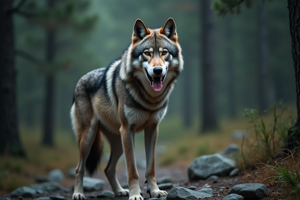 Loup gris en forêt avec la gueule ouverte montrant sa dentition puissante et sa mâchoire