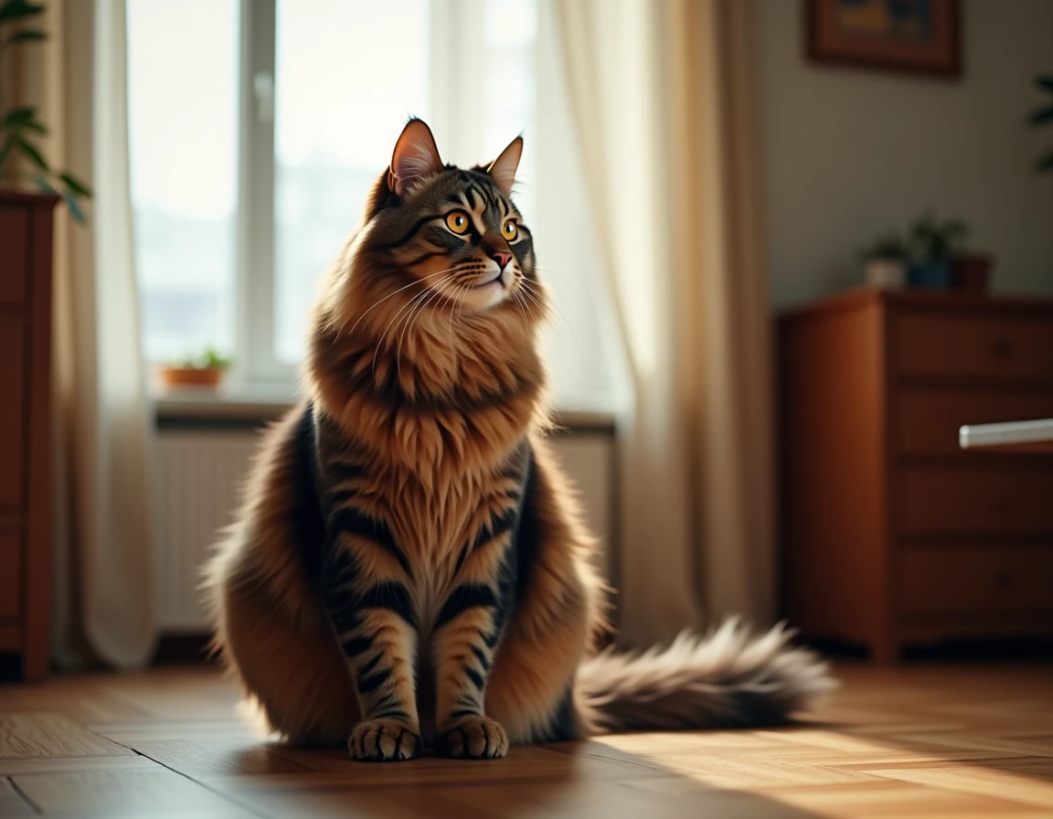 Grand chat Maine Coon tabby assis sur un parquet en bois près d'une fenêtre d'appartement