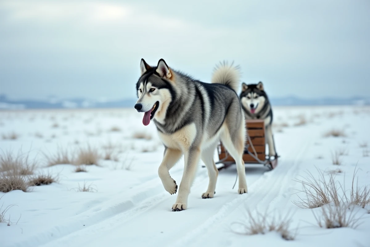 Malamute d'Alaska au pelage dense tirant un traîneau sur une plaine arctique enneigée, chien polaire robuste fait pour vivre en extérieur par grand froid