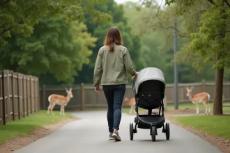Maman poussant un landau sur une allée du parc animalier de Strasbourg entourée de verdure et d'animaux