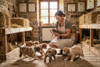 Éleveuse professionnelle dans un chenil du Grand Est entourée de chiots de différentes races
