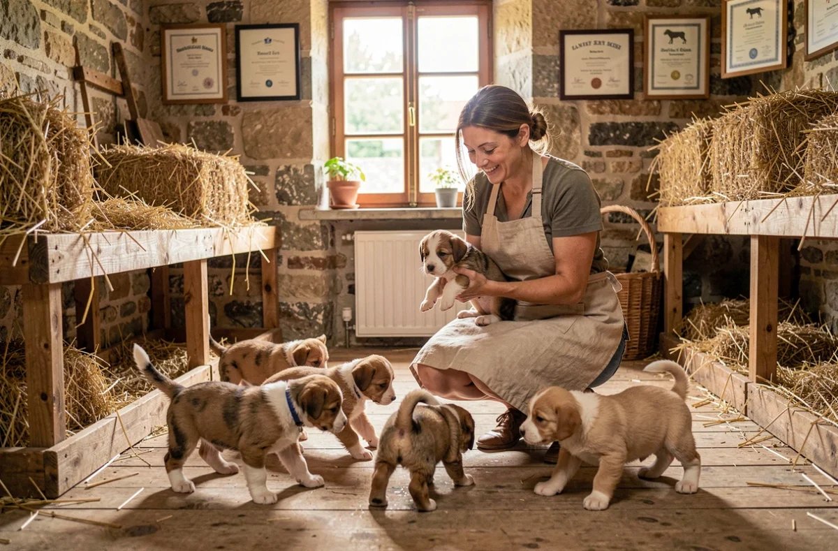Éleveuse professionnelle dans un chenil du Grand Est entourée de chiots de différentes races