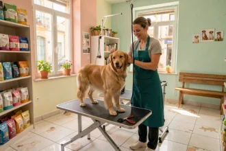 Salon de toilettage professionnel en Occitanie avec une toiletteuse brossant un golden retriever sur une table de toilettage