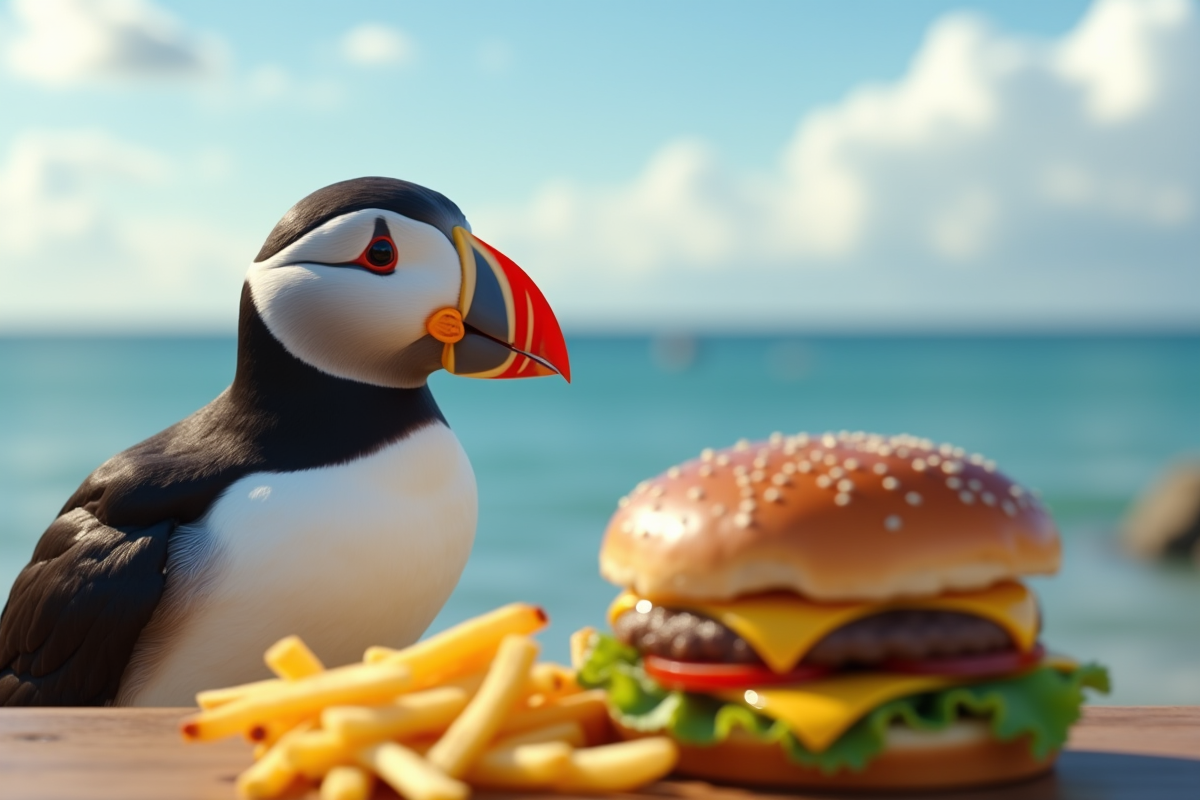 Mouette regardant un cheeseburger sur une table en bois