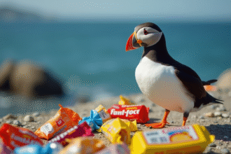Mouette sur la côte entourée de déchets alimentaires modernes