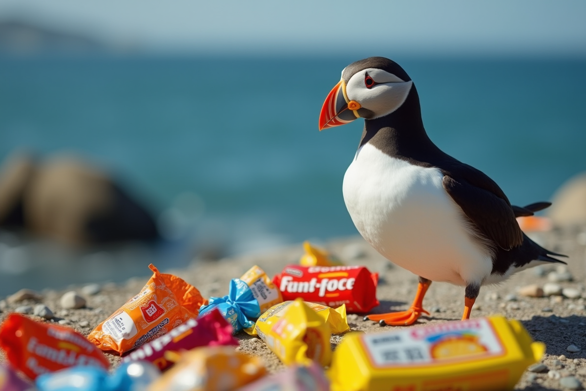 Mouette sur la côte entourée de déchets alimentaires modernes