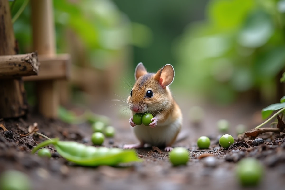 Petit mulot mangeant une gousse de pois dans le jardin