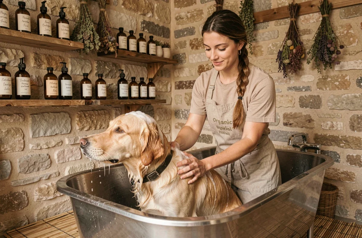 Toiletteuse de Natur'Opoils à Auzielle appliquant un shampooing naturel à base de plantes sur un golden retriever dans un bac de bain