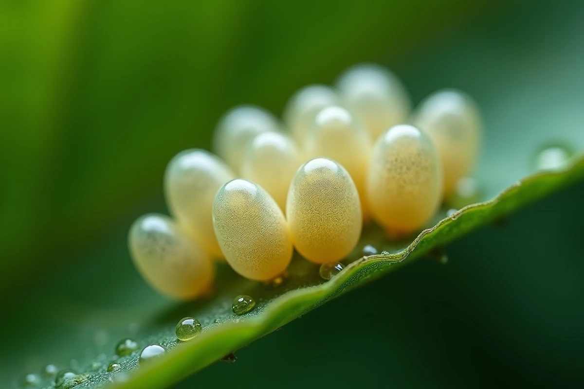 Gros plan sur des œufs d'insecte translucides regroupés sur la surface d'une feuille verte, premier stade du cycle de vie