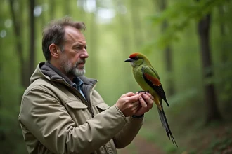 Ornithologue homme tenant un oiseau vert à tête rouge
