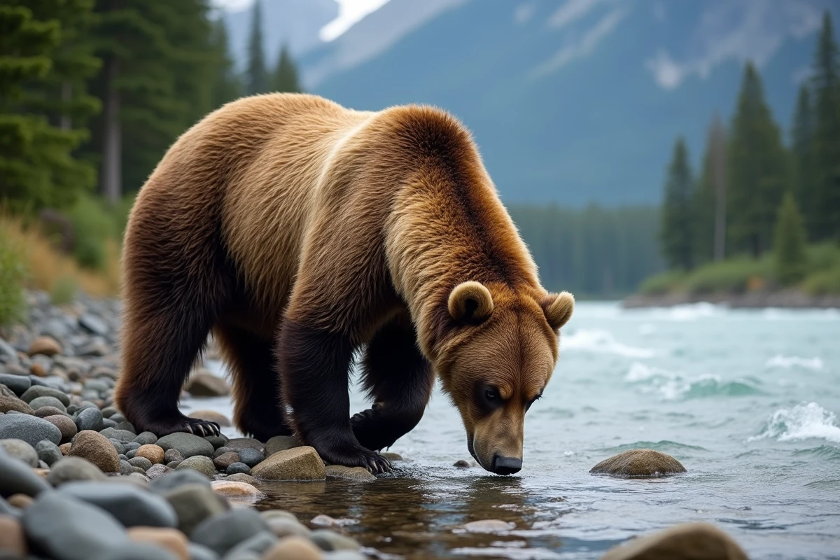 ours grizzly en nature près d'une rivière avec montagnes