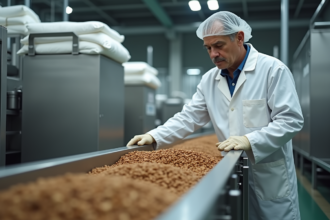 Ouvrier en blouse blanche surveillant la ligne de production d'aliments pour animaux