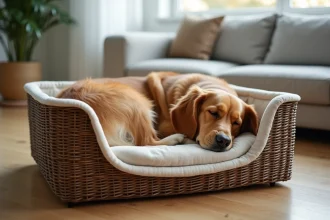 Panier solide pour chien avec coussin lavable en machine posé sur un parquet en bois dans un salon moderne