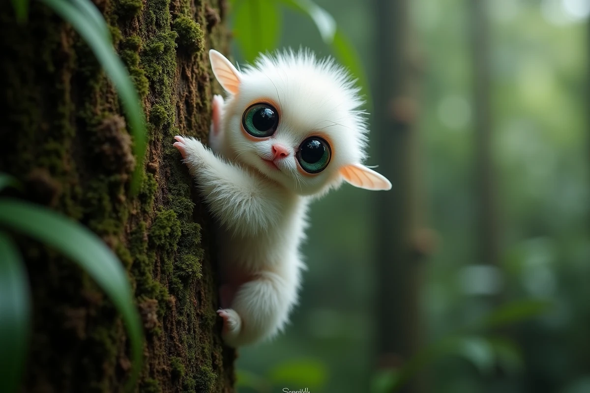 Papillon poodle vénézuélien accroché à un tronc moussu en forêt nuageuse tropicale, insecte rare au pelage blanc cotonneux