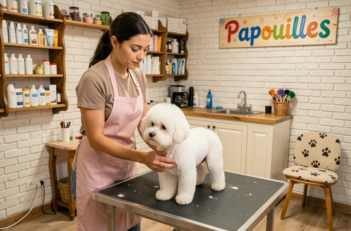 Toiletteuse du salon Papouilles Toilettage à Toulouse bichonnant un bichon frisé blanc sur une table de toilettage