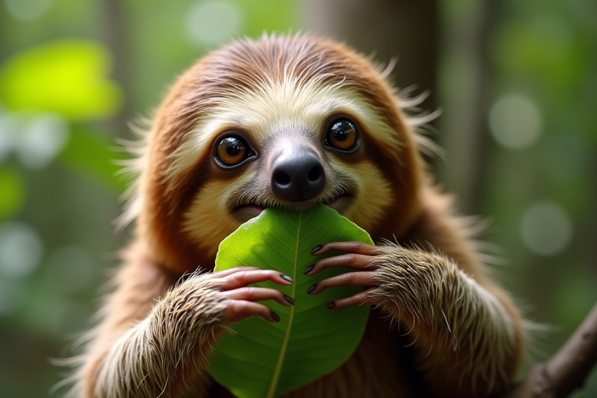 Paresseux mangeant une feuille dans la forêt en plein jour