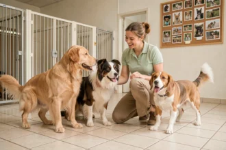 Employée d'une pension canine dans les Bouches-du-Rhône interagissant avec trois chiens de races différentes dans un espace intérieur propre et professionnel