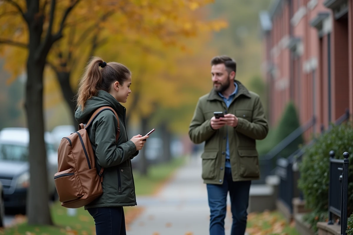 Père vérifiant discrètement la localisation de sa fille adolescente sur son téléphone dans une rue résidentielle