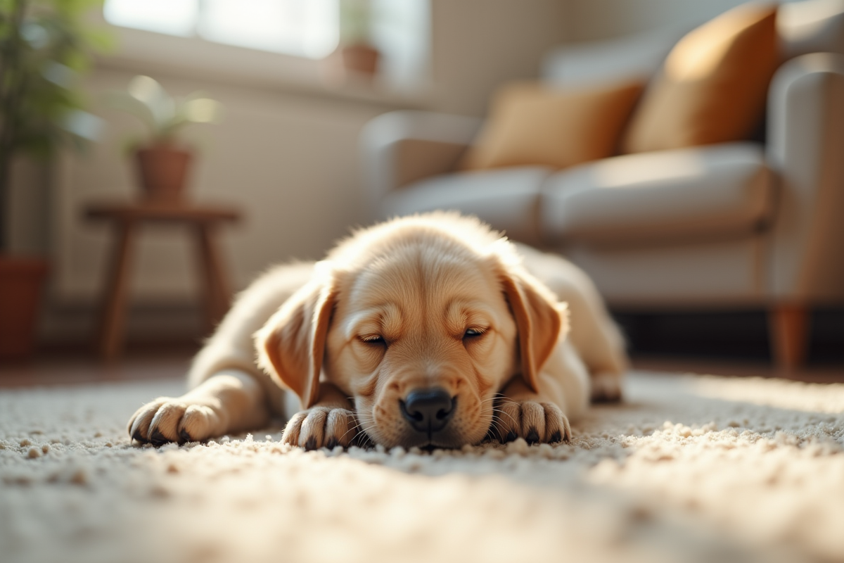 Petit labrador retriever blotti dans un salon cosy