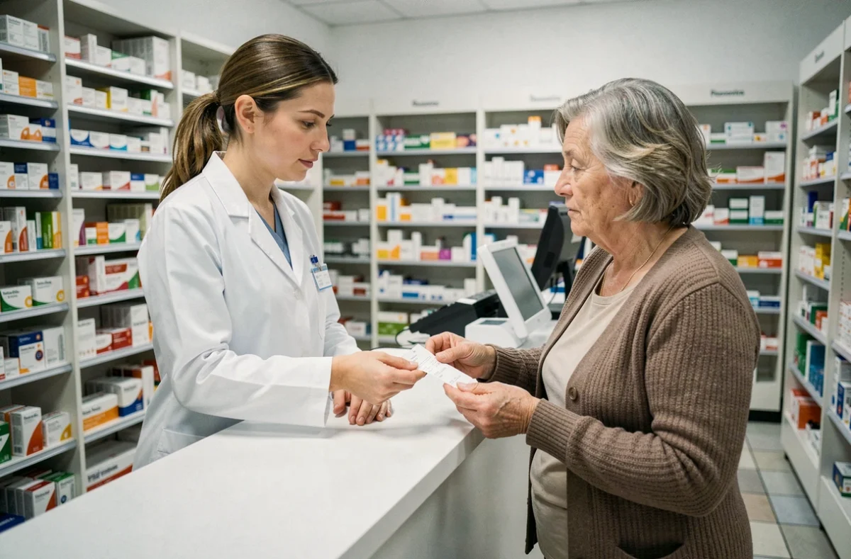 Pharmacienne remettant un reçu à une cliente pour vérification du remboursement mutuelle