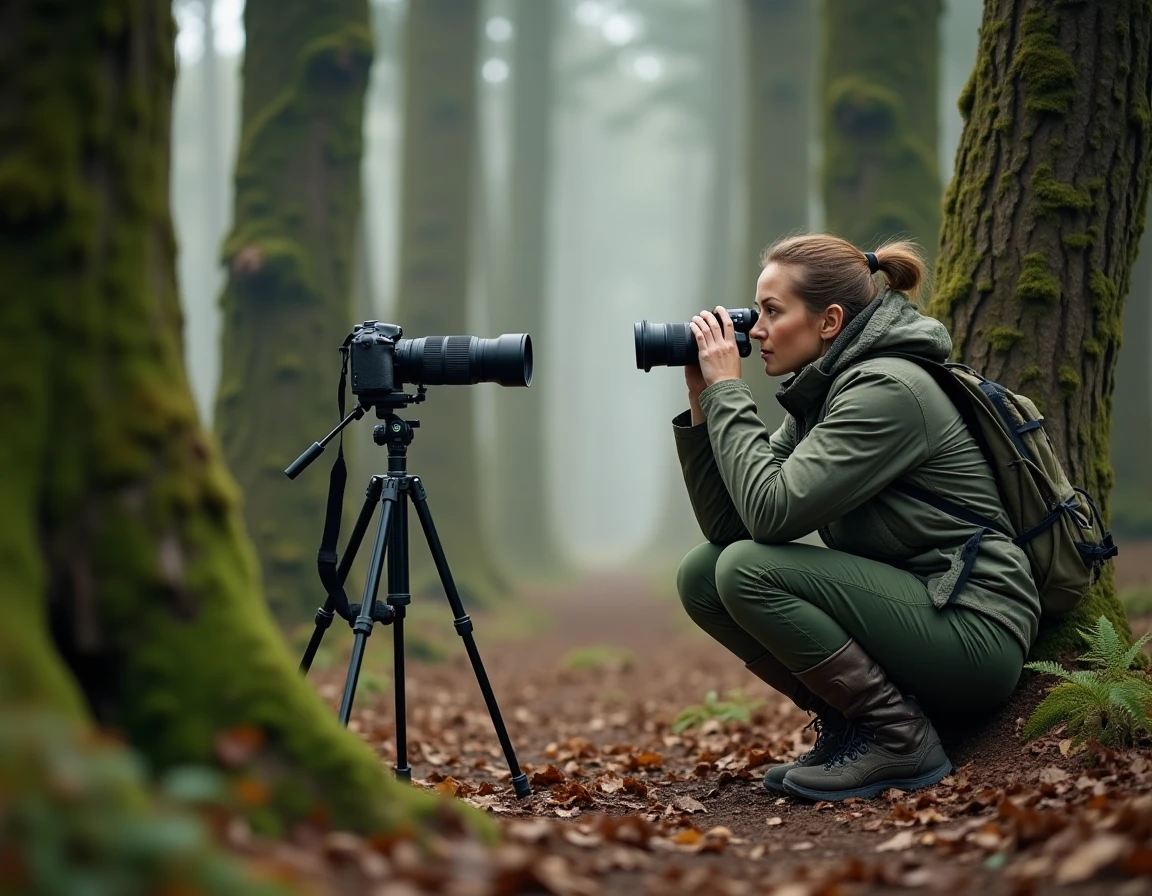 Photographe naturaliste en tenue camouflage observant le brame du cerf dans une forêt française au lever du jour