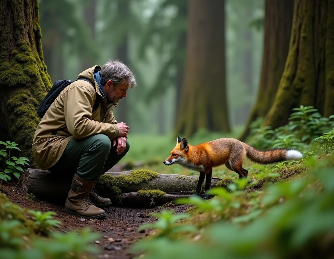 Photographe animalier observant un renard roux dans une forêt tempérée luxuriante, illustrant la richesse des écosystèmes forestiers
