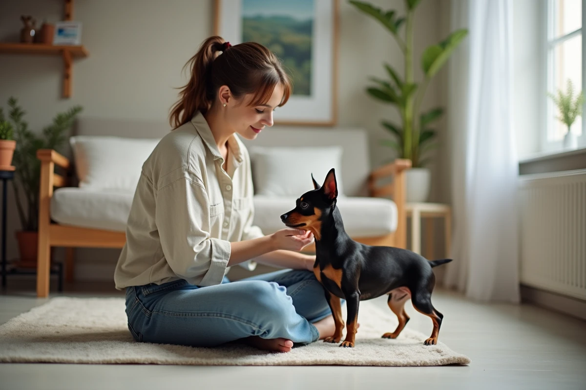 Femme jouant avec un Pinscher nain à poil court dans un appartement, petit chien de compagnie adapté aux espaces réduits
