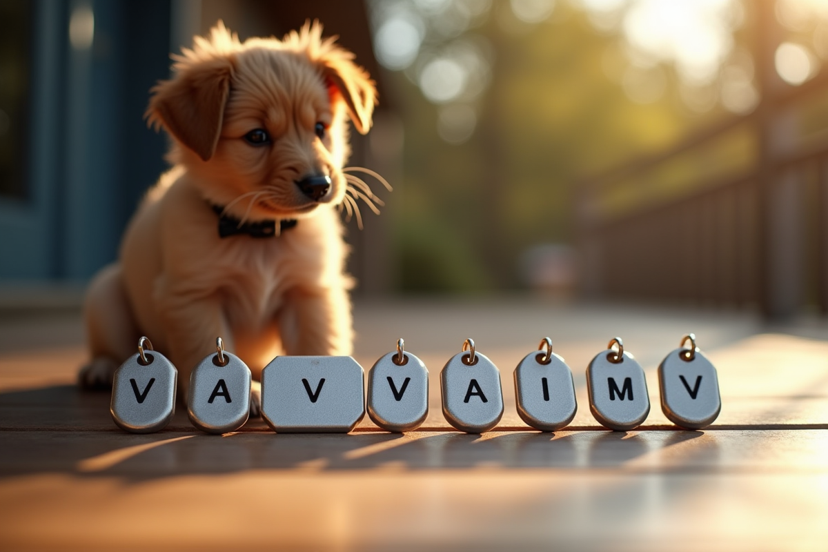 Plaques de noms de chiens mâles commençant par V sur une table en bois