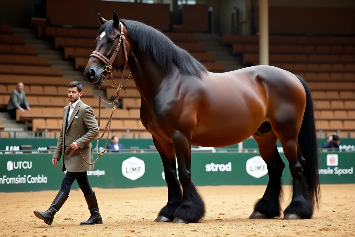 Immense cheval de trait Shire présenté par un handler lors d'un concours équestre en salle, illustrant les compétitions pour les plus gros chevaux du monde