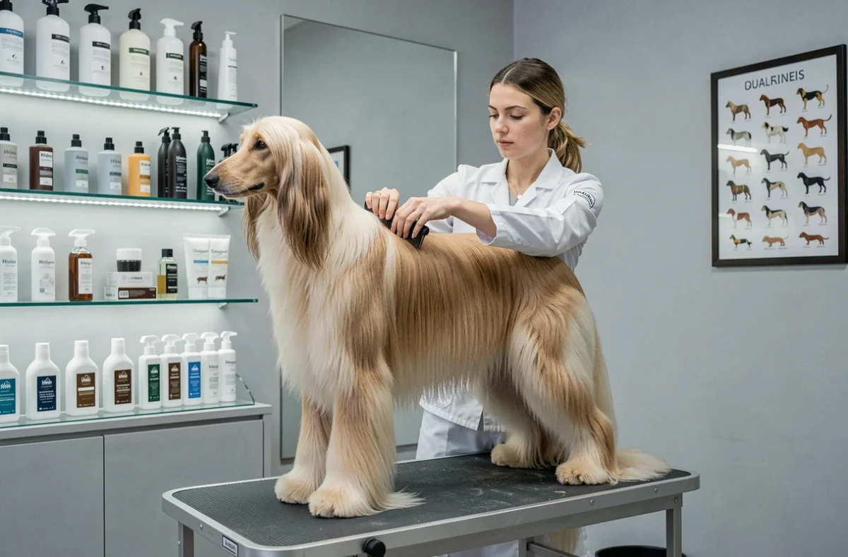 Toiletteuse du salon Plutto Chic à Toulouse coiffant un lévrier afghan à poil long sur une table de toilettage professionnelle
