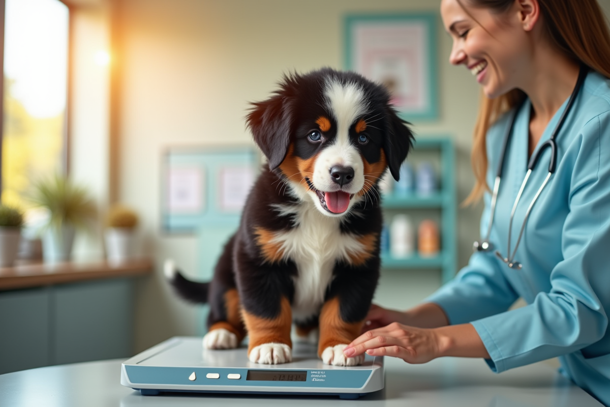 Chiot bouledogue pèse sur une balance digitale en clinique