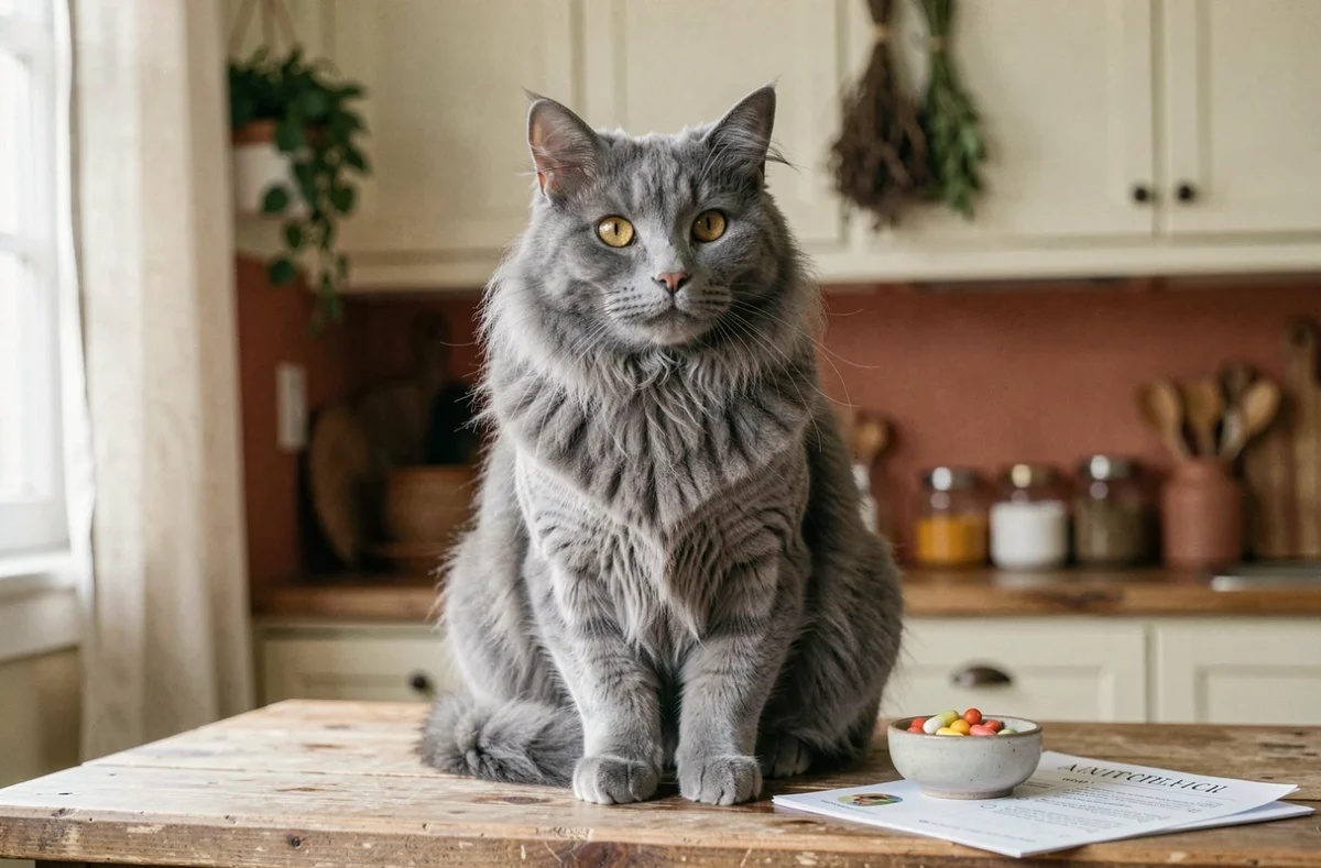 Portrait d'un chat persan gris en bonne santé sur un comptoir de cuisine avec des compléments nutritionnels et une liste de soins préventifs