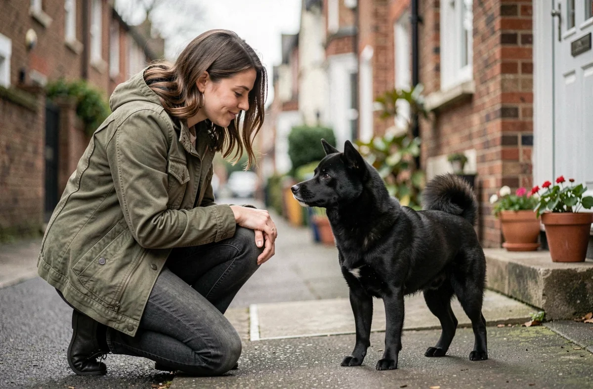 Femme agenouillée rencontrant un Shiba Inu noir pour la première fois dans une rue résidentielle, posture détendue du chien signe de bon tempérament
