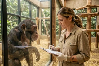Primatologue observant un chimpanzé dans un sanctuaire éthique lors d'un protocole de soins aux primates