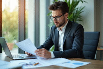 Un professionnel en costume analyse des documents financiers dans un bureau lumineux