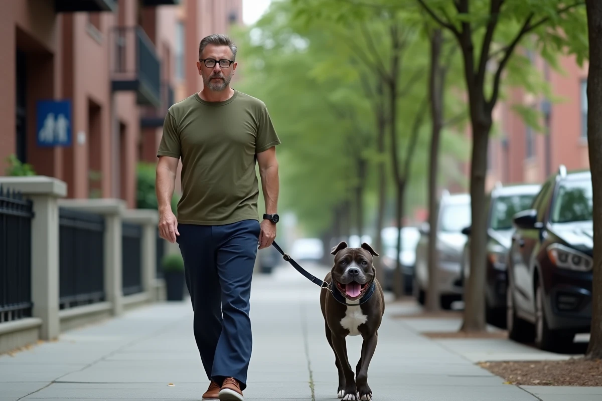 Homme promenant son American Bully Exotic en laisse sur le trottoir d'un quartier résidentiel urbain