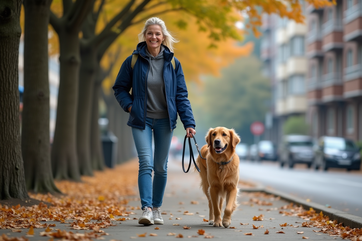 Femme marchant avec son chien dans une rue urbaine en automne
