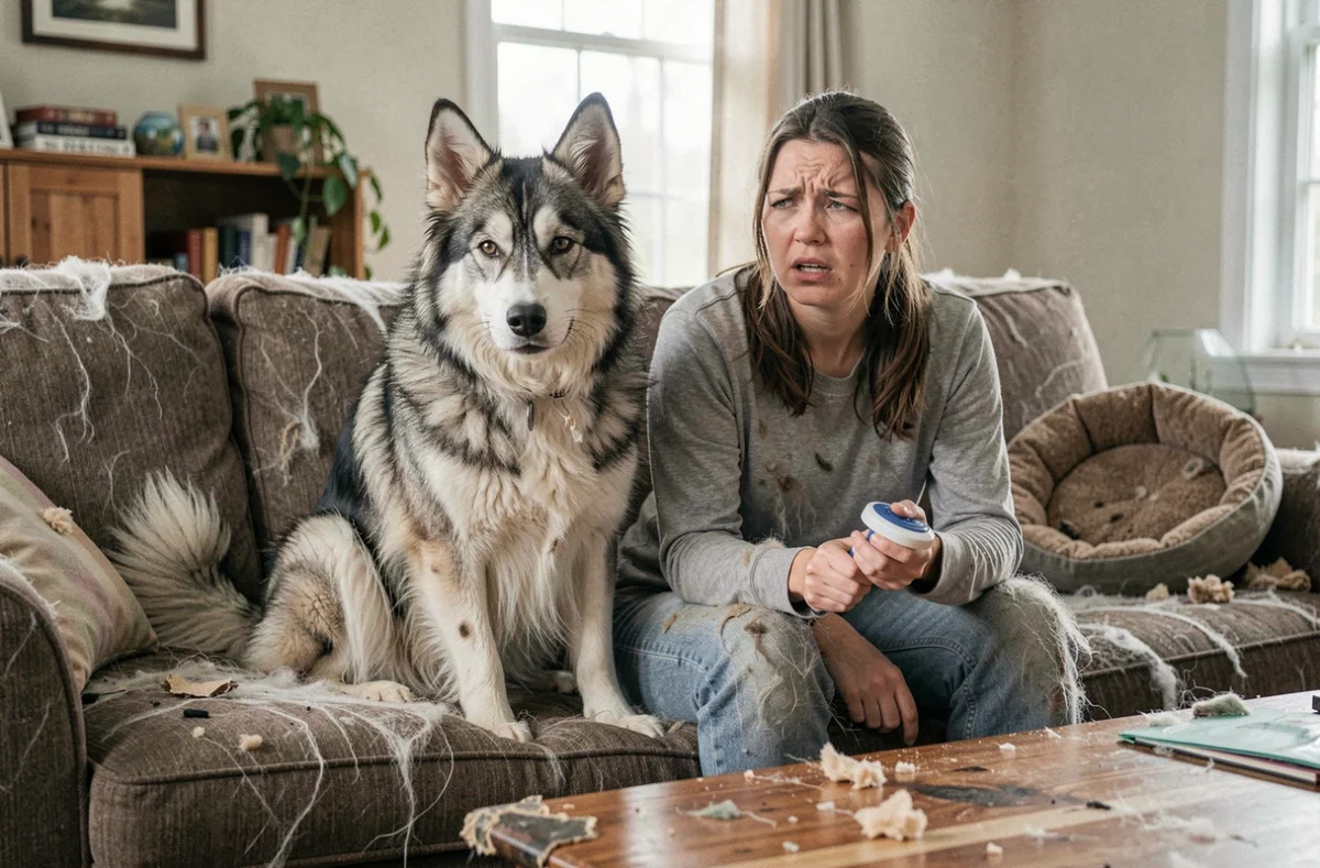 Femme fatiguée assise avec son croisé husky berger allemand dans un salon couvert de poils, illustrant les défis du quotidien avec cette race