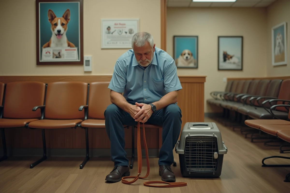 Homme tenant une laisse de chien vide dans une salle d'attente vétérinaire, exprimant le deuil d'un animal de compagnie