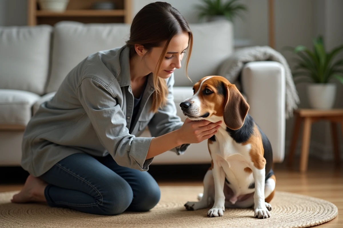 Femme examinant son chien beagle qui bave de la mousse blanche dans un salon