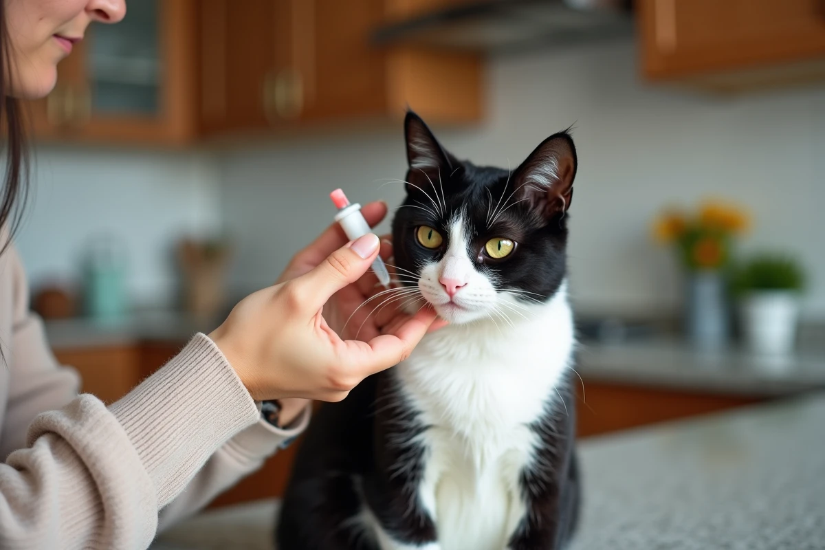 Propriétaire administrant des gouttes ophtalmiques à son chat noir et blanc pour traiter un ulcère de l'œil à domicile