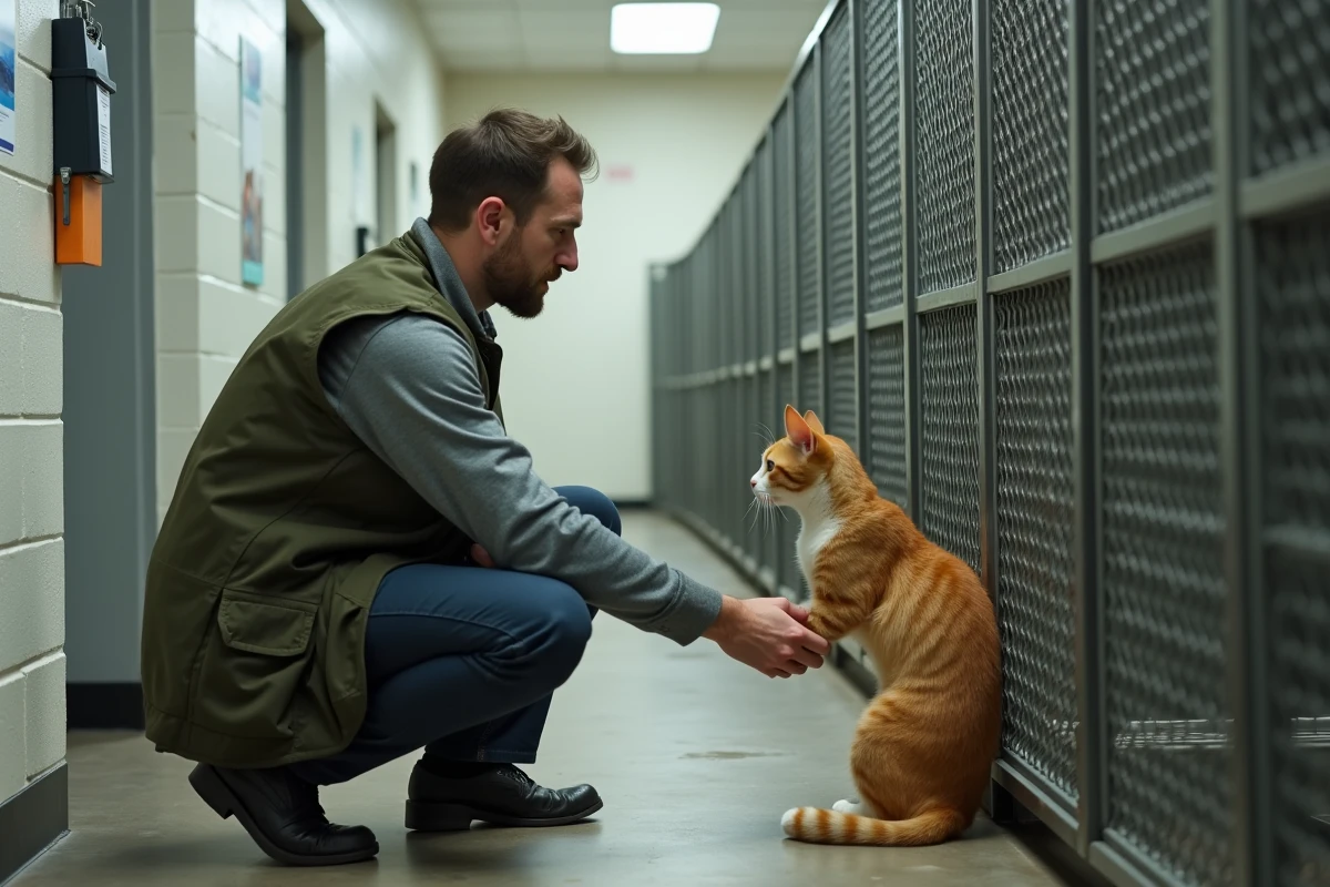 Bénévole en refuge animalier à Lyon présentant un chat roux à l'adoption
