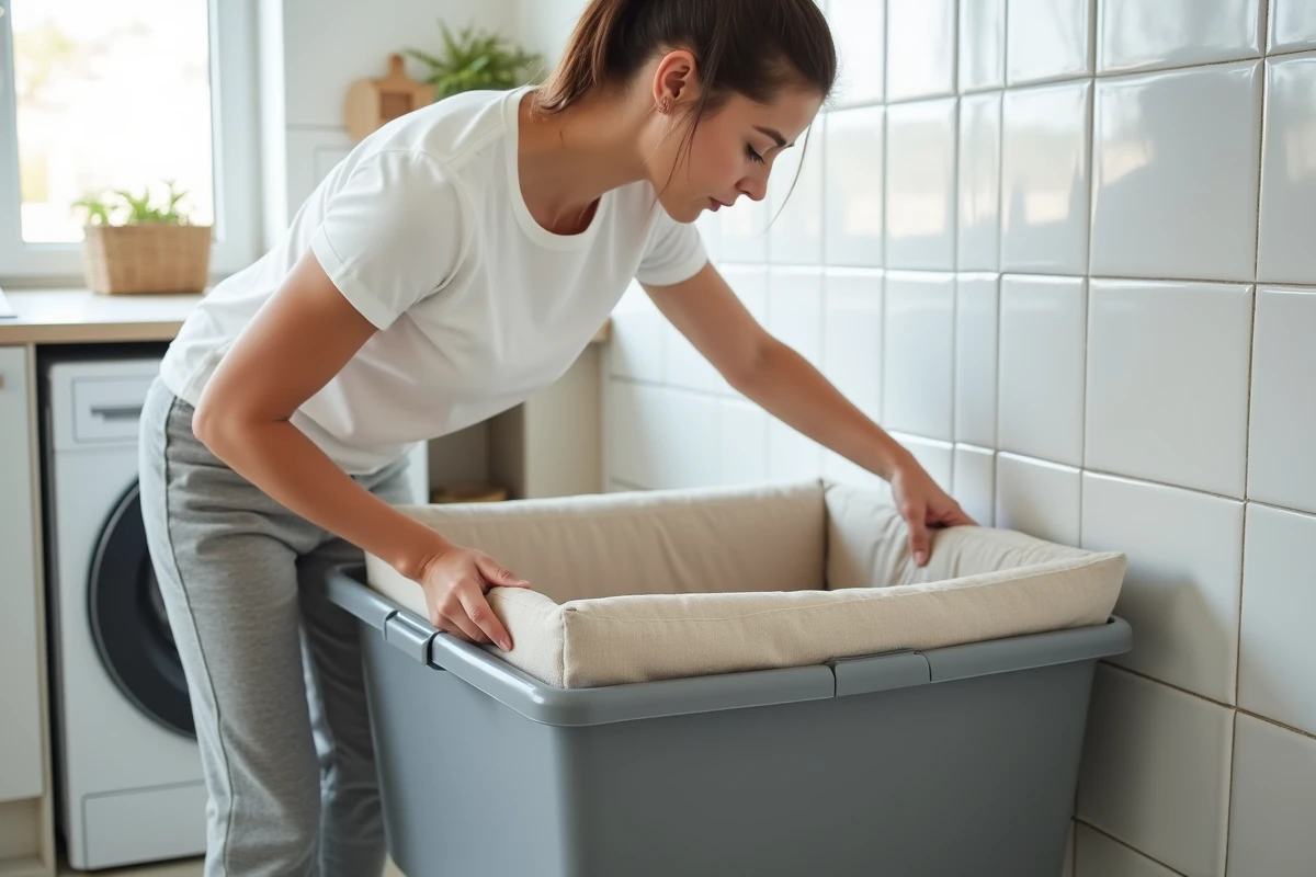 Femme retirant le coussin lavable d'un panier pour chien robuste avant de le mettre en machine à laver