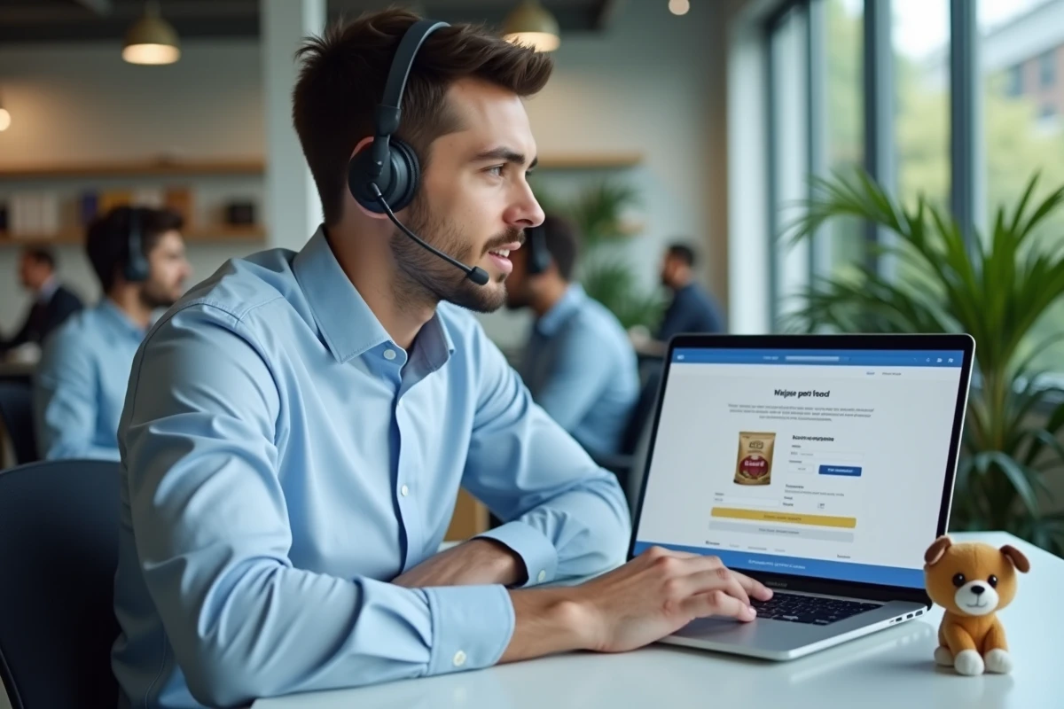 Conseiller du service client d'une entreprise de nourriture fraîche pour chien travaillant sur un ordinateur avec casque téléphonique