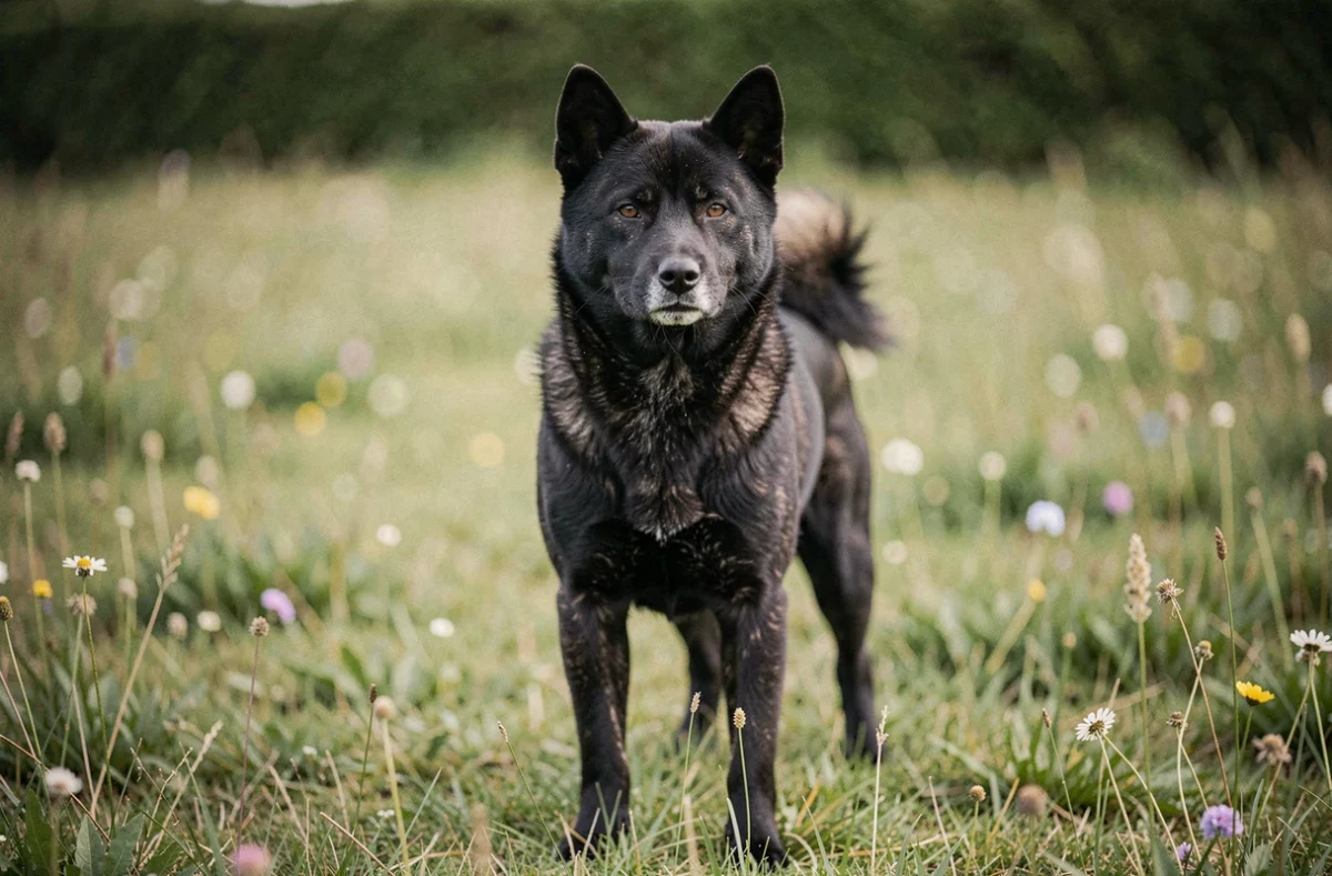 Shiba Inu noir debout dans un pré verdoyant, expression confiante et posture équilibrée révélant un bon caractère lors d'une première approche