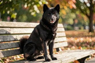 Shiba Inu noir au tempérament calme assis sur un banc de parc en automne, oreilles alertes et expression détendue