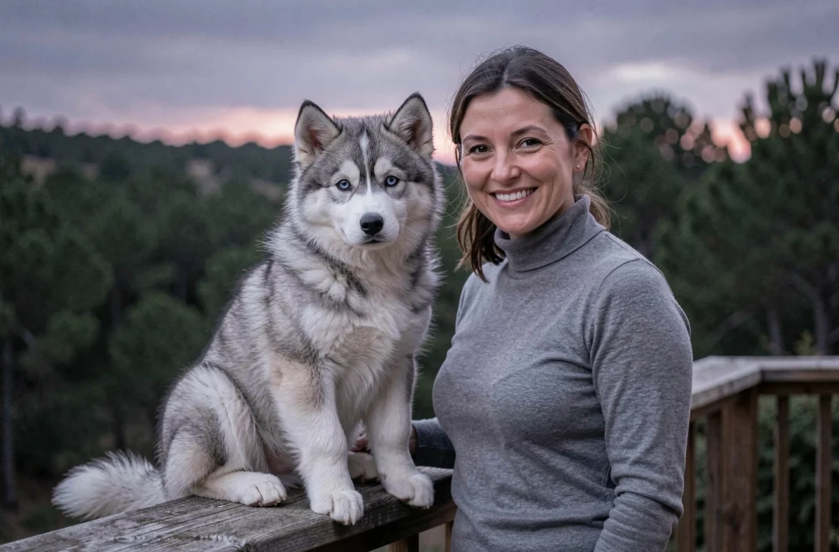 Shubenca Pomsky, un chiot Pomsky gris et blanc aux yeux expressifs posé sur une rambarde en bois surplombant une colline boisée provençale
