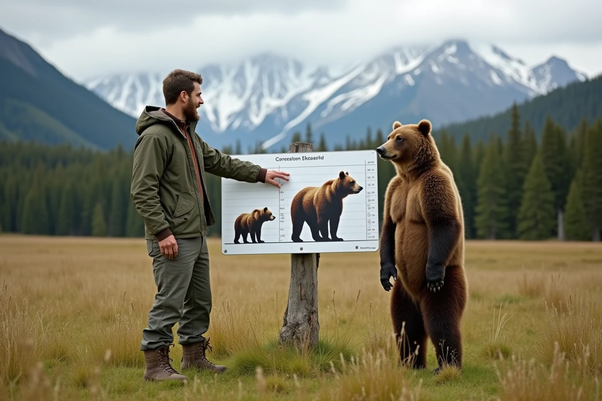 Chercheur en nature près d'un panneau comparant ours brun et grizzli