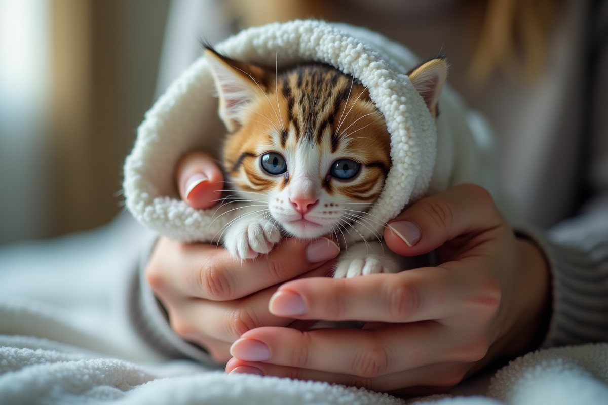 Main douce tenant un chaton dans une serviette