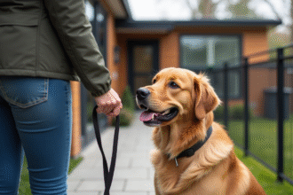 Femme avec son chien devant une pension moderne